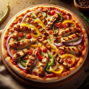 Grilled chicken pizza with mozzarella, bell peppers, and barbecue sauce