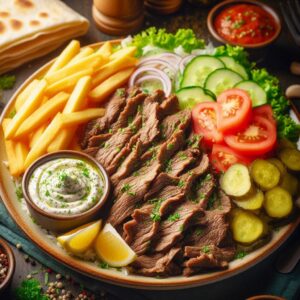 Beef shawarma plate with pita bread, tahini sauce, and vegetables