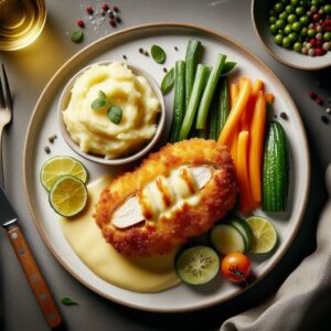 Breaded chicken supreme stuffed with cheese and served with sides