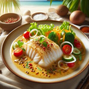 Fish fillet in coconut sauce with a side salad