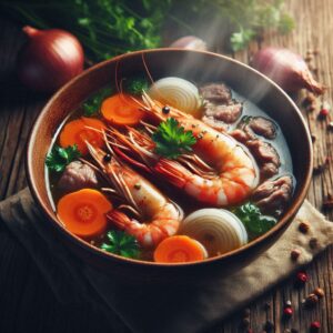 Meat and shrimp soup with herbs and vegetables