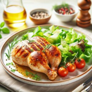 Chicken dish with salad on a white plate