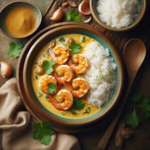 Shrimp in coconut curry sauce with rice