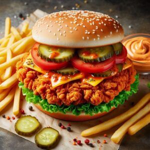 Spicy Zinger sandwich with crispy chicken fillet, lettuce, tomato, and spicy mayo