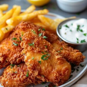 Crispy chicken strips served with fries and dipping sauce