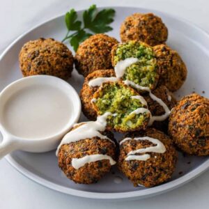 5 falafels croustillants servis avec une sauce tahina onctueuse