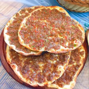 Manakish topped with spiced minced meat