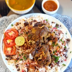 "Dubai-Style Meat Rice, Emirati dish with basmati rice, tender meat and Gulf spices"
