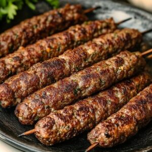 "Meat Kebab, charcoal-grilled marinated meat skewers served with Lebanese bread"